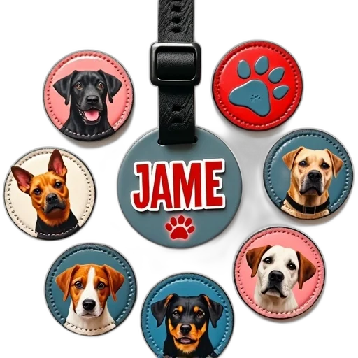 collection, dog-themed, dog, tags, various, designs, colors, feature transparent PNG cut-out