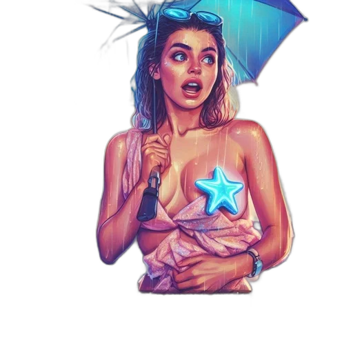 umbrella, dress, hat, staff, comic book art, concept art, vaporwave, fantasy art transparent PNG cut-out