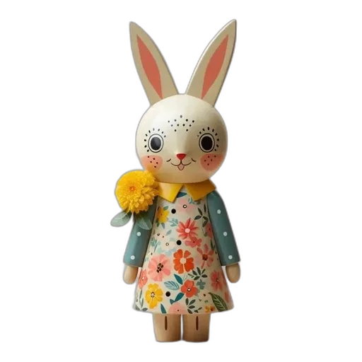 3d render, wooden, rabbit, figurine, large, ears, painted, face transparent PNG cut-out