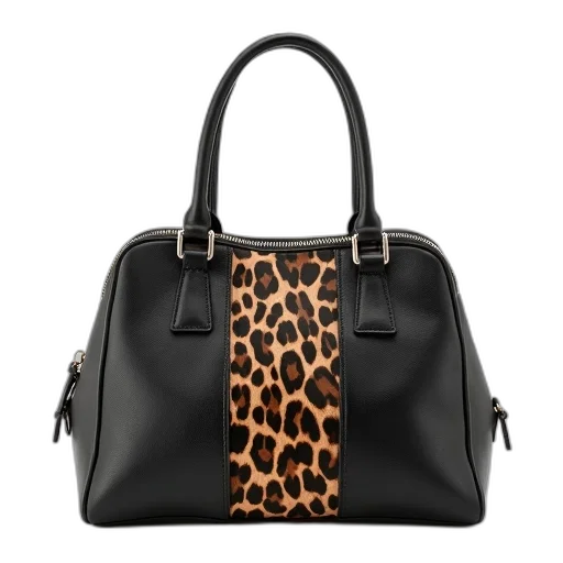 black, leather, handbag, silver, zipper, leopard, print, pattern transparent PNG cut-out