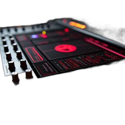 weapon, 3d render, concept art, cyberpunk, red, close-up, view, music transparent PNG cut-out