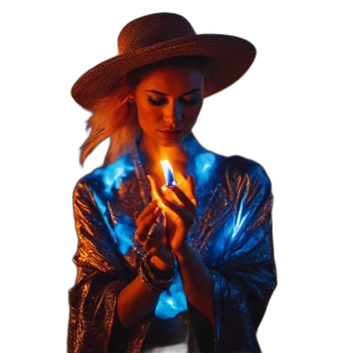 jacket, hat, staff, jewelry, concept art, neon lights, fire, blue transparent PNG cut-out