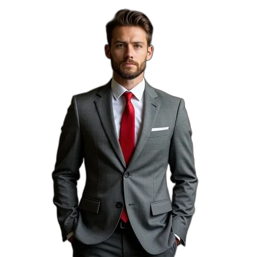 jacket, staff, face, photorealistic, red, man, gray, suit transparent PNG cut-out