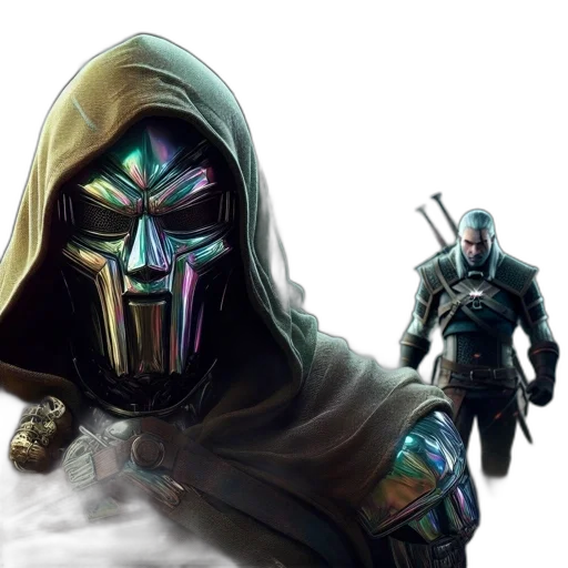 mask, concept art, fantasy art, comic book art, cyberpunk, two, characters, one transparent PNG cut-out