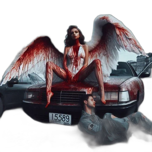 car, concept art, comic book art, fantasy art, photorealistic, woman, bloody, wings transparent PNG cut-out