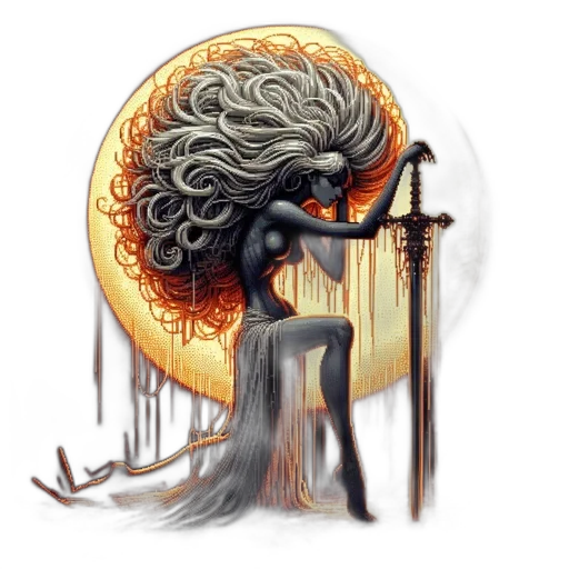staff, sword, hair, crown, fantasy art, concept art, pixel art, comic book art transparent PNG cut-out