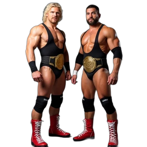 two, professional, wrestlers, posing, photo, both, wearing, black transparent PNG cut-out