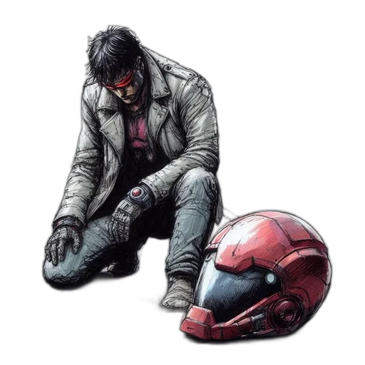 jacket, mask, robot, creature, comic book art, concept art, cyberpunk, watercolor transparent PNG cut-out