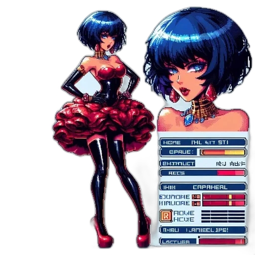 dress, staff, concept art, pixel art, anime, cyberpunk, red, blue transparent PNG cut-out