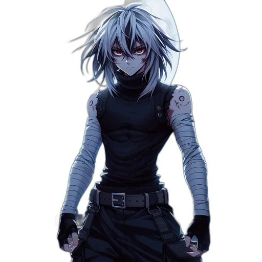 mask, jacket, weapon, staff, concept art, pixel art, anime, comic book art transparent PNG cut-out