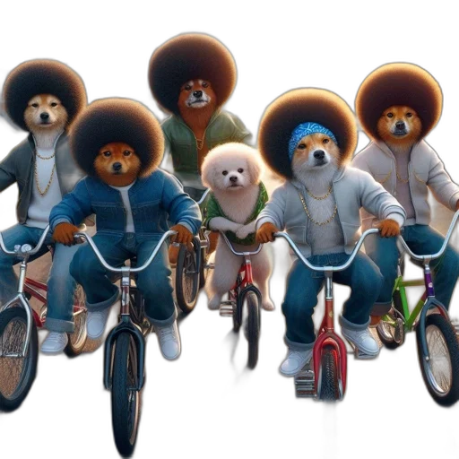 concept art, photorealistic, animated, dogs, ride, bicycles, suburban, street transparent PNG cut-out