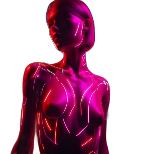 dress, jewelry, robot, 3d render, concept art, cyberpunk, vaporwave, neon lights transparent PNG cut-out
