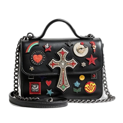 black, handbag, silver, chain, strap, variety, colorful, patches transparent PNG cut-out