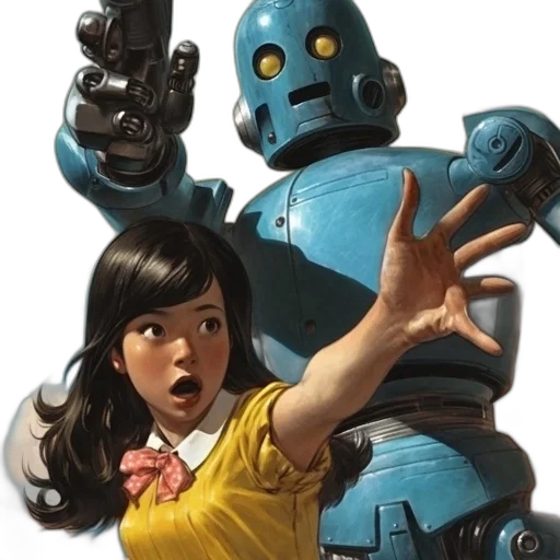 robot, concept art, comic book art, cyberpunk, blue, girl, yellow, blouse transparent PNG cut-out
