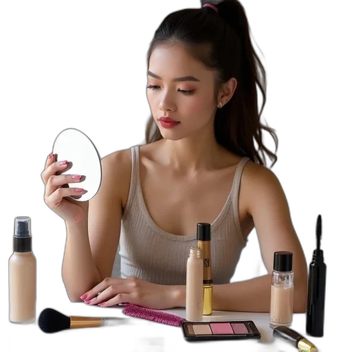 face, photorealistic, woman, sitting, table, various, makeup, items transparent PNG cut-out