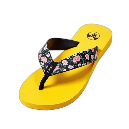 shoes, yellow, flip-flop, floral, patterned, fabric, wrapped, around transparent PNG cut-out