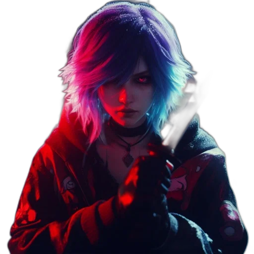 jacket, face, weapon, cyberpunk, concept art, pixel art, anime, neon lights transparent PNG cut-out