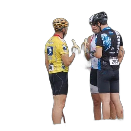 three, cyclists, helmets, spandex, stand, together, bananas, their transparent PNG cut-out