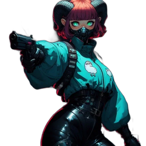 jacket, staff, robot, weapon, cyberpunk, concept art, comic book art, vaporwave transparent PNG cut-out