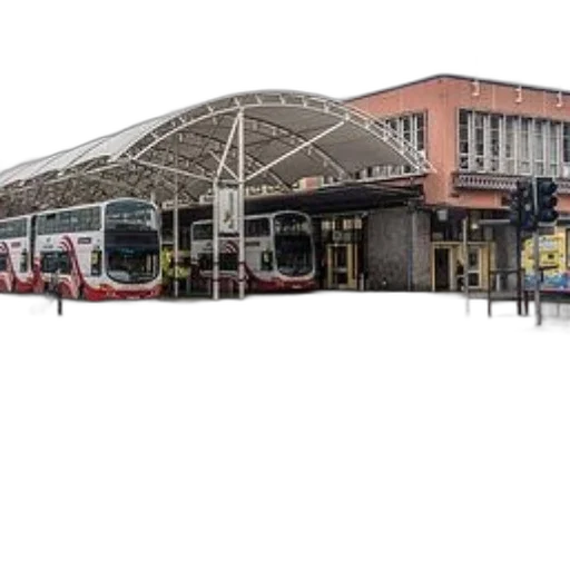 building, umbrella, staff, 3d render, photorealistic, concept art, city street, bus transparent PNG cut-out