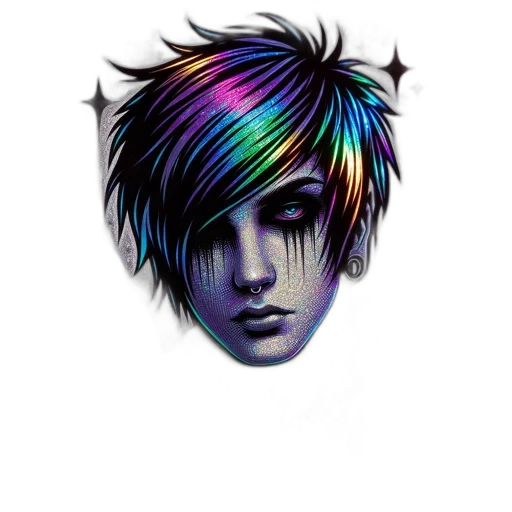 hair, face, fantasy art, photorealistic, pixel art, cartoon, neon lights, outer space transparent PNG cut-out