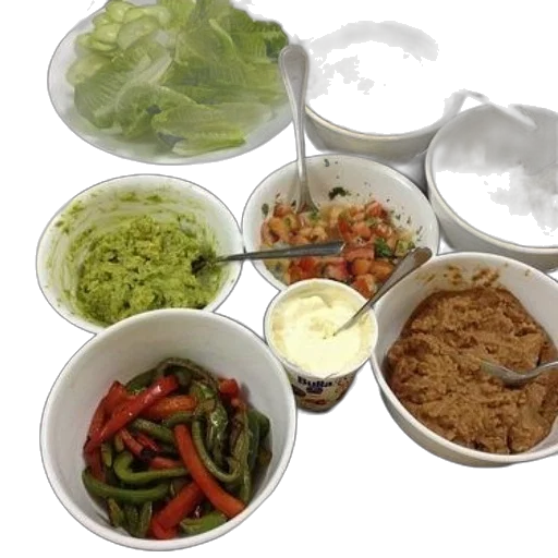 food, table, filled, various, bowls, including, guacamole, salsa transparent PNG cut-out