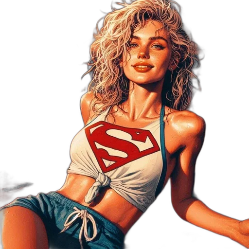 comic book art, photorealistic, oil painting, concept art, woman, blonde, curly, hair transparent PNG cut-out