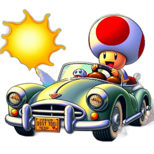 car, concept art, 3d render, pixel art, photorealistic, sunset, toad, mario transparent PNG cut-out