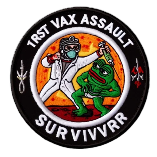 embroidered, patch, displays, figure, ppe, giving, injection, frog-like transparent PNG cut-out