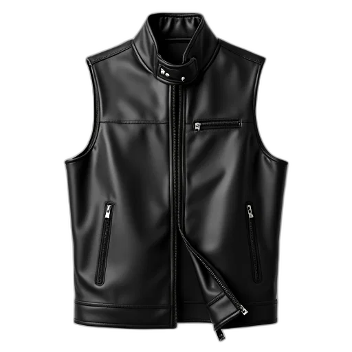 jacket, black, leather, vest, zipper, small, button, left transparent PNG cut-out