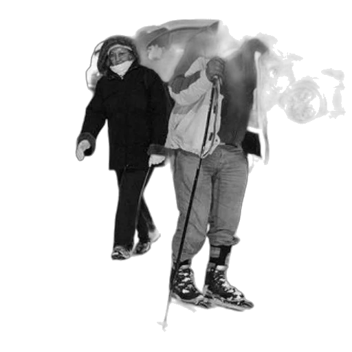 staff, snow, two, people, walking, skis, snowy, street transparent PNG cut-out
