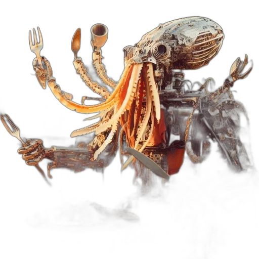 robot, creature, food, weapon, concept art, 3d render, fantasy art, photorealistic transparent PNG cut-out