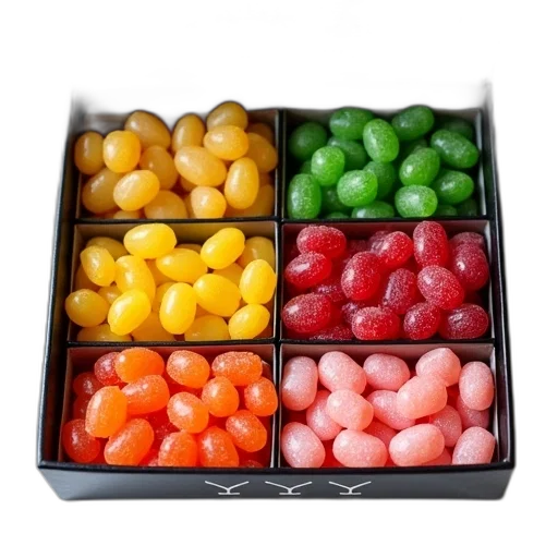 food, 3d render, colorful, box, jelly, belly, candies, open transparent PNG cut-out