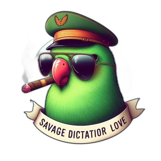 staff, vibrant, green, parrot, wears, sunglasses, cap, emblem transparent PNG cut-out