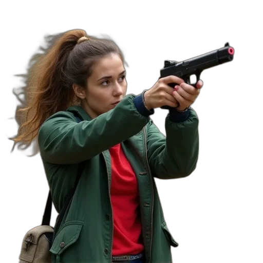 weapon, jacket, staff, concept art, woman, red, shirt, green transparent PNG cut-out