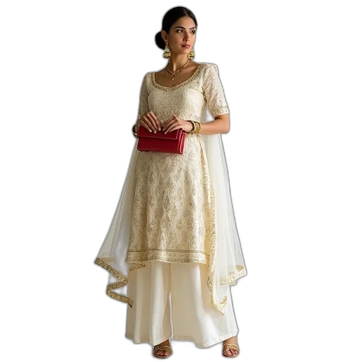 dress, woman, wearing, white, gold, traditional, indian, lehenga transparent PNG cut-out