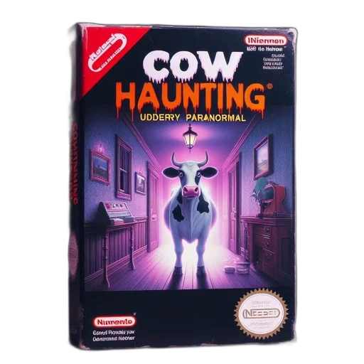 concept art, pixel art, fictitious, game, box, cow, haunting, mocks transparent PNG cut-out