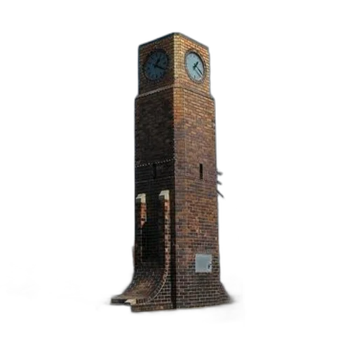 building, robot, 3d render, concept art, brick, clock, tower, stands transparent PNG cut-out