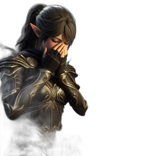 concept art, fantasy art, elf-like, character, black, gold, armor, stands transparent PNG cut-out