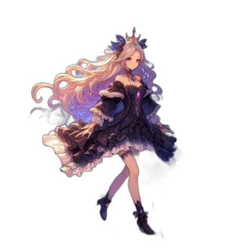 dress, crown, hair, staff, concept art, fantasy art, pixel art, anime transparent PNG cut-out