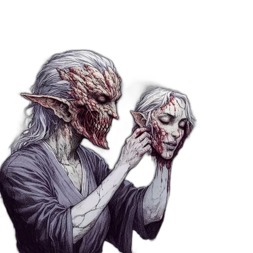 mask, creature, face, concept art, fantasy art, comic book art, pixel art, unsettling transparent PNG cut-out