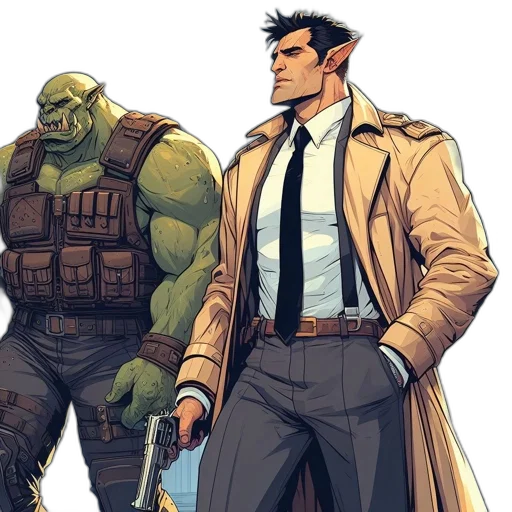 jacket, comic book art, concept art, earth tones, green, two, individuals, inhabit transparent PNG cut-out