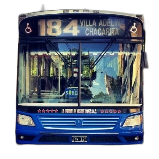 photorealistic, 3d render, blue, bus, number, 184, parked, front transparent PNG cut-out