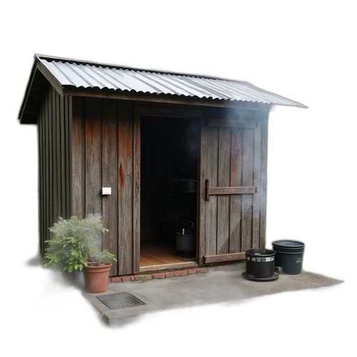 building, furniture, 3d render, photorealistic, rustic, wooden, shed, metal transparent PNG cut-out