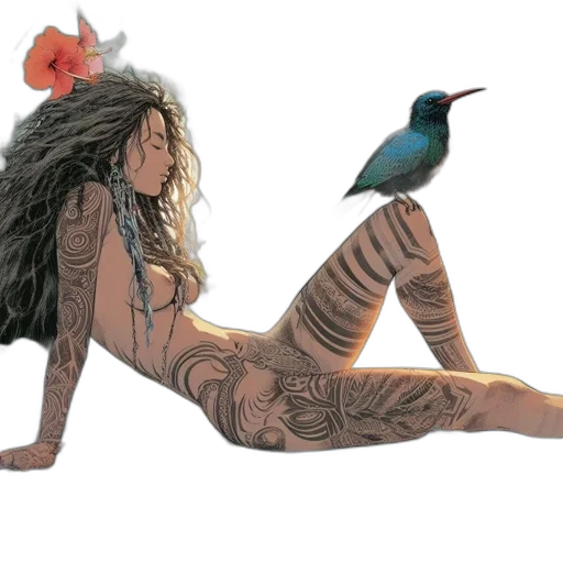 concept art, fantasy art, watercolor, comic book art, underwater, earth tones, woman, tattoos transparent PNG cut-out