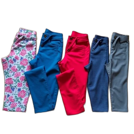 colorful, blue, collection, six, different, pairs, pants, displayed transparent PNG cut-out