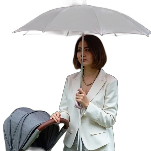 umbrella, jacket, staff, photorealistic, 3d render, concept art, rain, monochrome transparent PNG cut-out