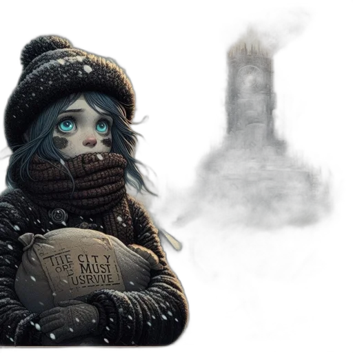 face, concept art, fantasy art, photorealistic, comic book art, snow, fog, city street transparent PNG cut-out