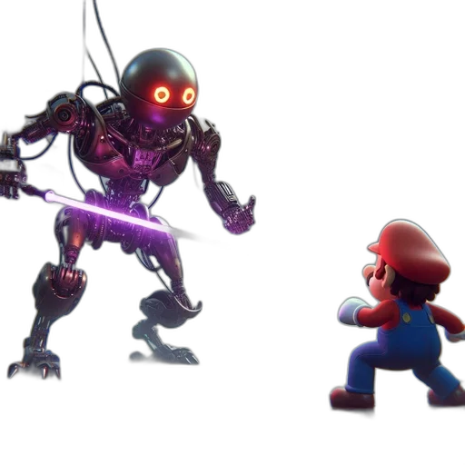 robot, concept art, 3d render, pixel art, red, dark, mario, faces transparent PNG cut-out