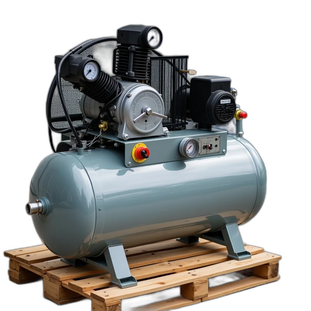 3d render, large, industrial-sized, air, compressor, sitting, wooden, pallet transparent PNG cut-out